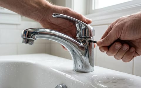 Hands using an Allen wrench to remove a bathtub faucet handle