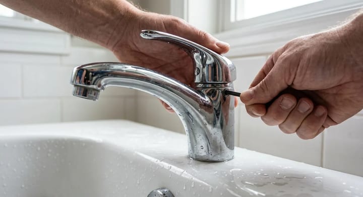 Hands using an Allen wrench to remove a bathtub faucet handle