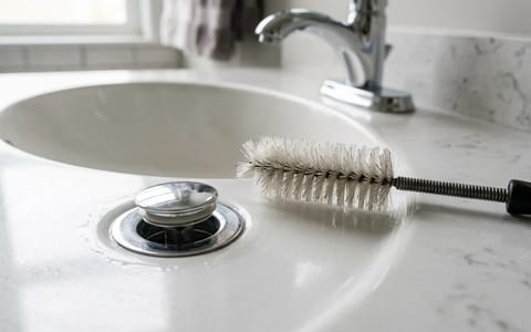 A clean bathroom sink drain with a pipe brush resting nearby.