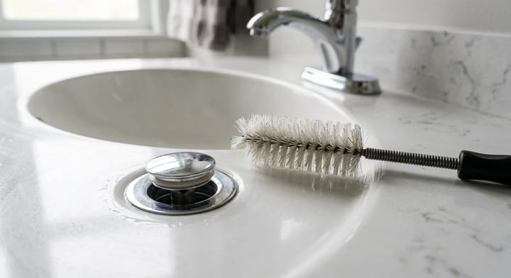 A clean bathroom sink drain with a pipe brush resting nearby.