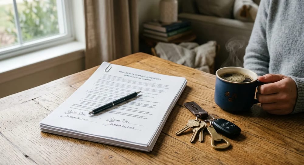 Closing day involves signing a large stack of legal documents to transfer ownership.