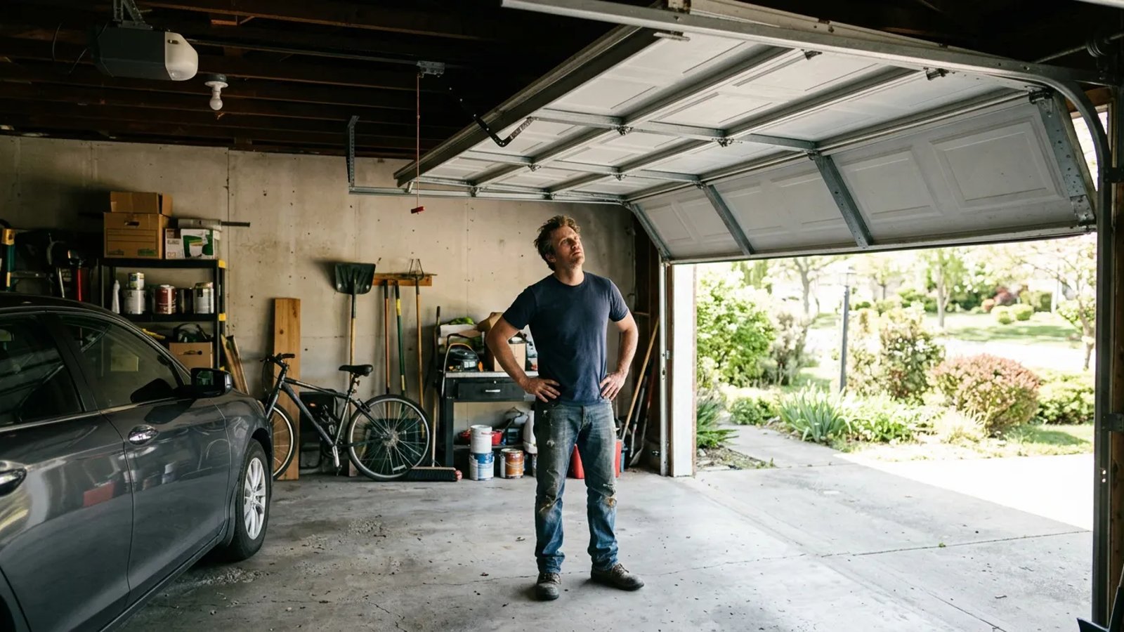 A homeowner looking at a partially open garage door that refuses to close.