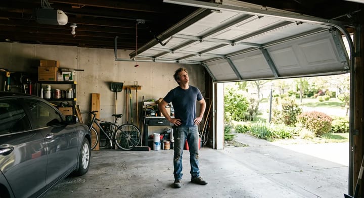 A homeowner looking at a partially open garage door that refuses to close.
