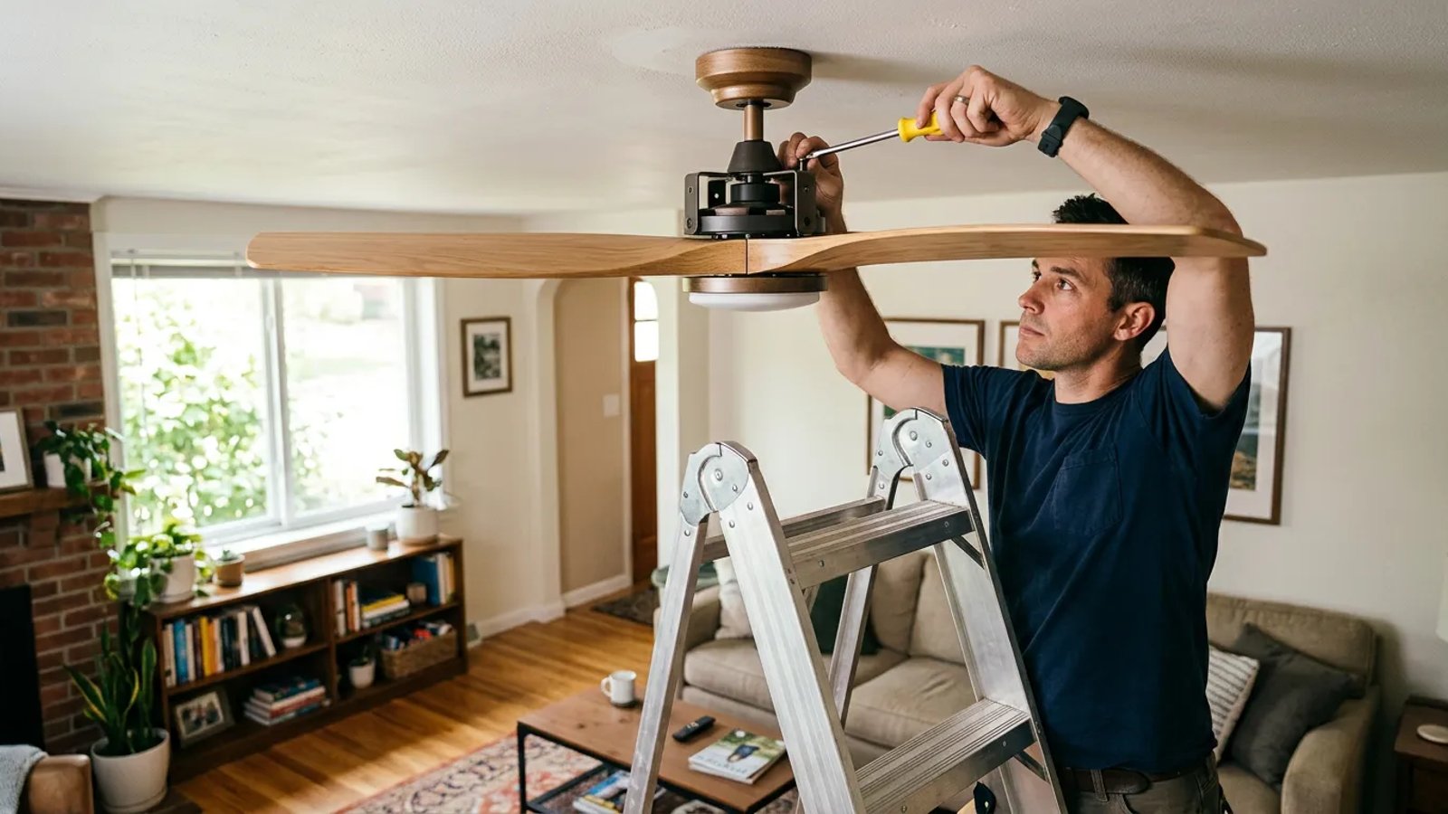 Homeowner on a ladder tightening screws on a ceiling fan blade to stop wobbling