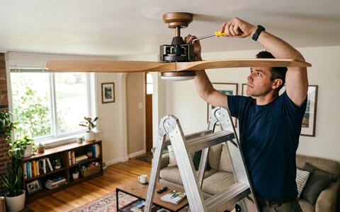 Homeowner on a ladder tightening screws on a ceiling fan blade to stop wobbling
