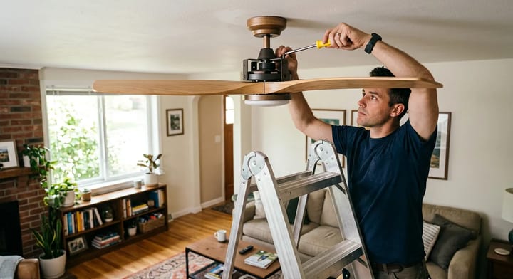 Homeowner on a ladder tightening screws on a ceiling fan blade to stop wobbling