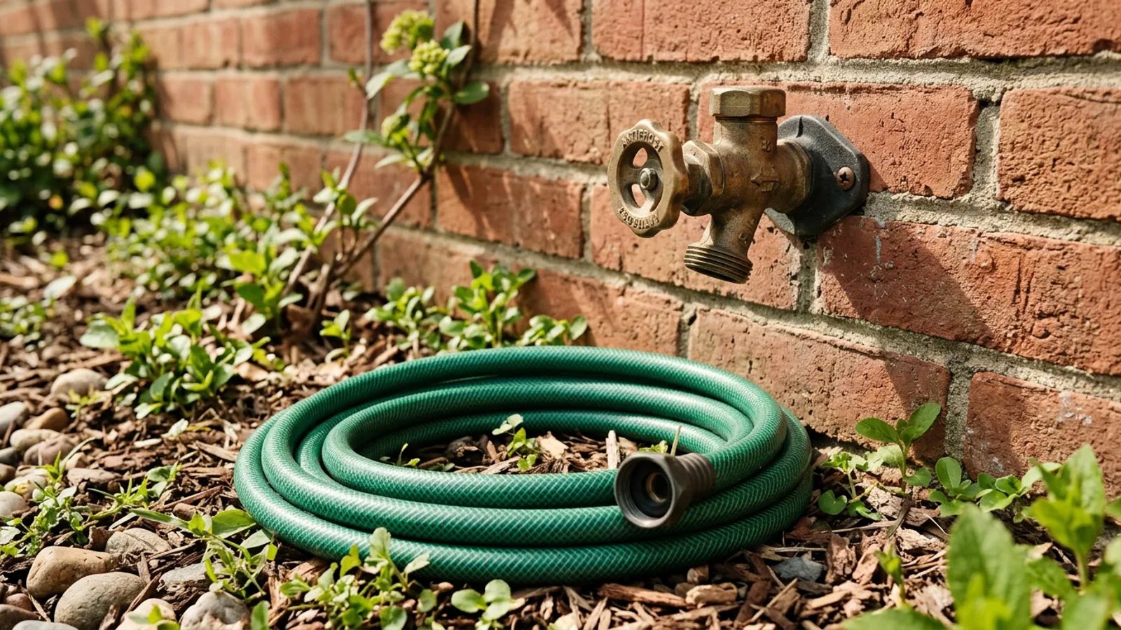 A brass outdoor faucet mounted on a brick wall with a garden hose nearby
