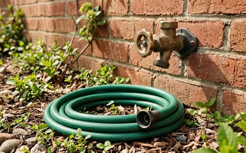 A brass outdoor faucet mounted on a brick wall with a garden hose nearby