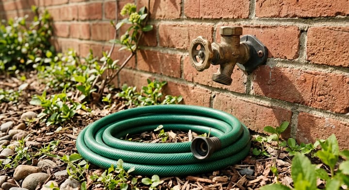 A brass outdoor faucet mounted on a brick wall with a garden hose nearby