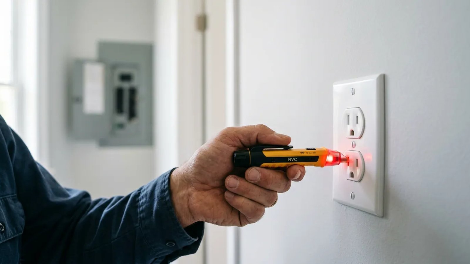 Homeowner testing an electrical outlet with a voltage tester pen