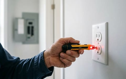 Homeowner testing an electrical outlet with a voltage tester pen
