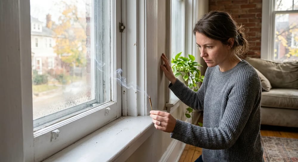 Testing a window for air leaks with incense.