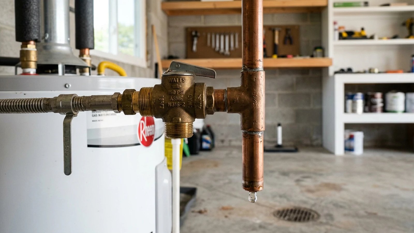 A brass pressure relief valve on a water heater with a slight water drip forming at the pipe.