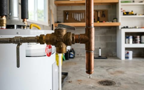 A brass pressure relief valve on a water heater with a slight water drip forming at the pipe.