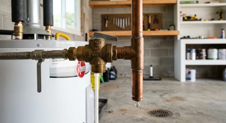 A brass pressure relief valve on a water heater with a slight water drip forming at the pipe.