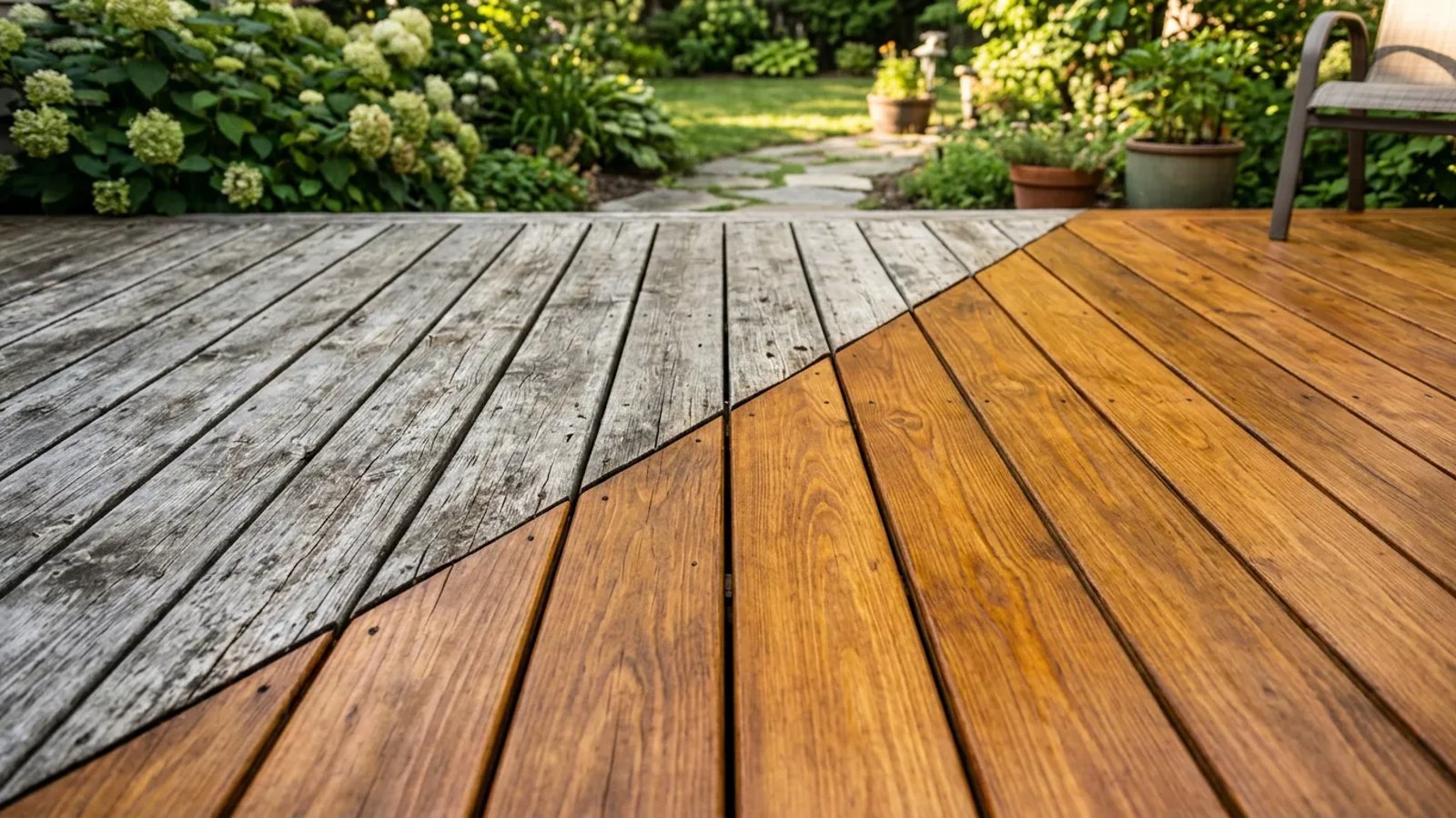 Before and after comparison of a weathered gray deck board restored to a rich brown finish