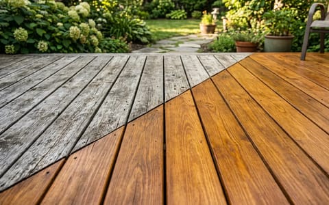 Before and after comparison of a weathered gray deck board restored to a rich brown finish
