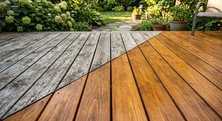 Before and after comparison of a weathered gray deck board restored to a rich brown finish