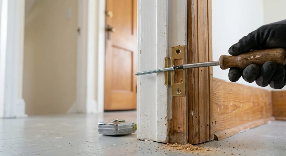 Replacing short screws with three inch screws is a fast, cheap security upgrade.