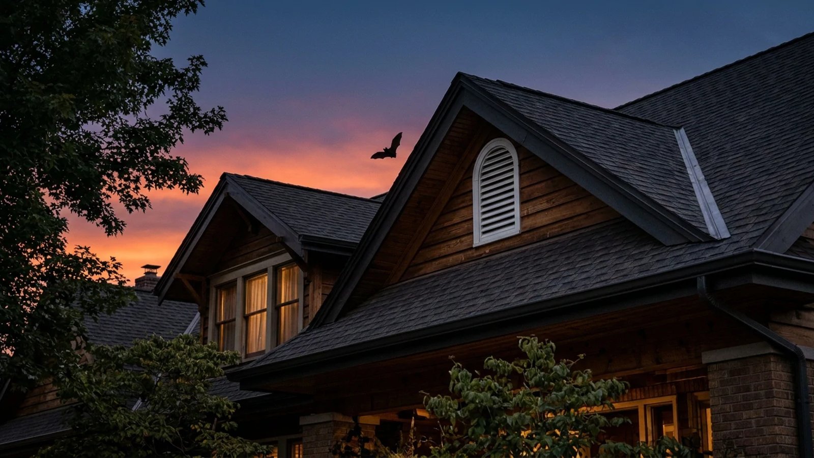 House roofline at dusk with a bat flying near a gable vent