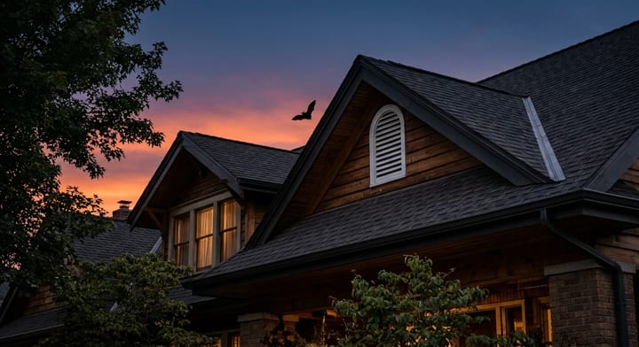 House roofline at dusk with a bat flying near a gable vent