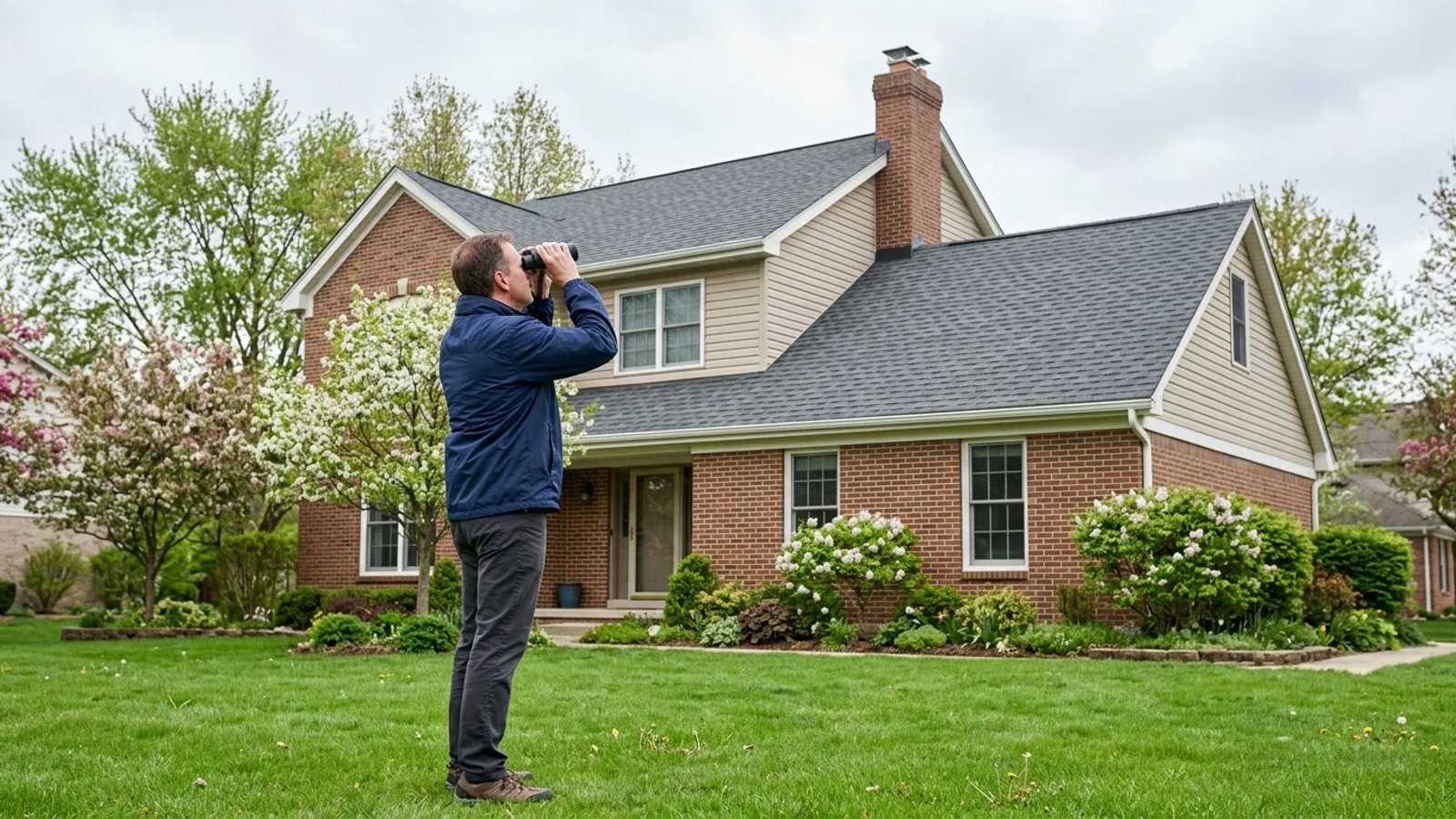 A homeowner inspecting a residential roof from the ground using binoculars
