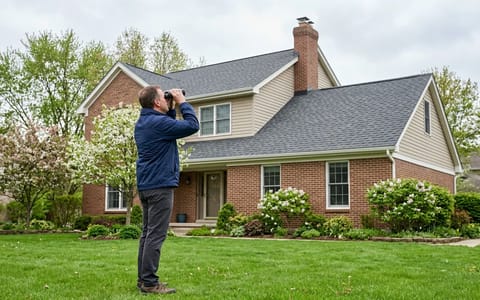 A homeowner inspecting a residential roof from the ground using binoculars