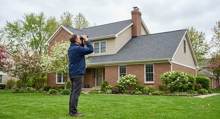 A homeowner inspecting a residential roof from the ground using binoculars