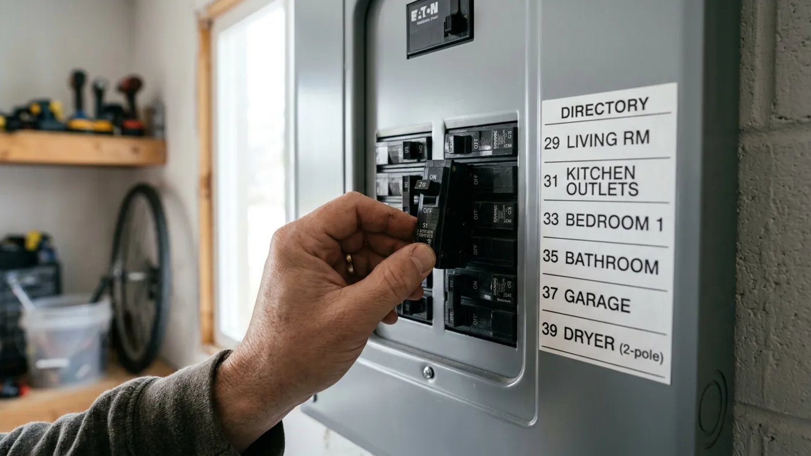 A homeowner resetting a tripped switch on a home electrical panel.