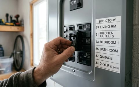 A homeowner resetting a tripped switch on a home electrical panel.