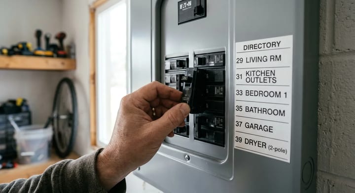 A homeowner resetting a tripped switch on a home electrical panel.