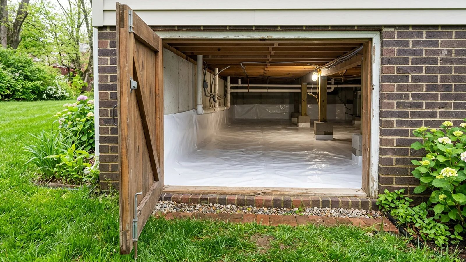 A clean, dry crawl space protected by a white vapor barrier.