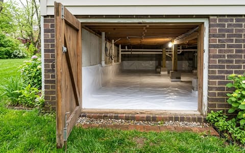 A clean, dry crawl space protected by a white vapor barrier.