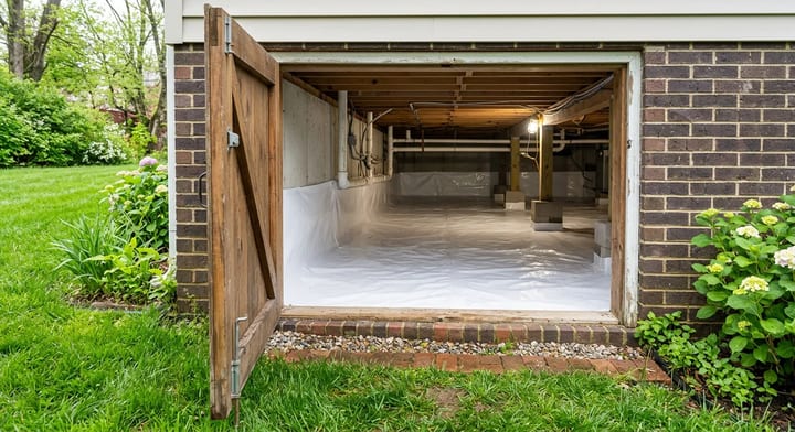A clean, dry crawl space protected by a white vapor barrier.
