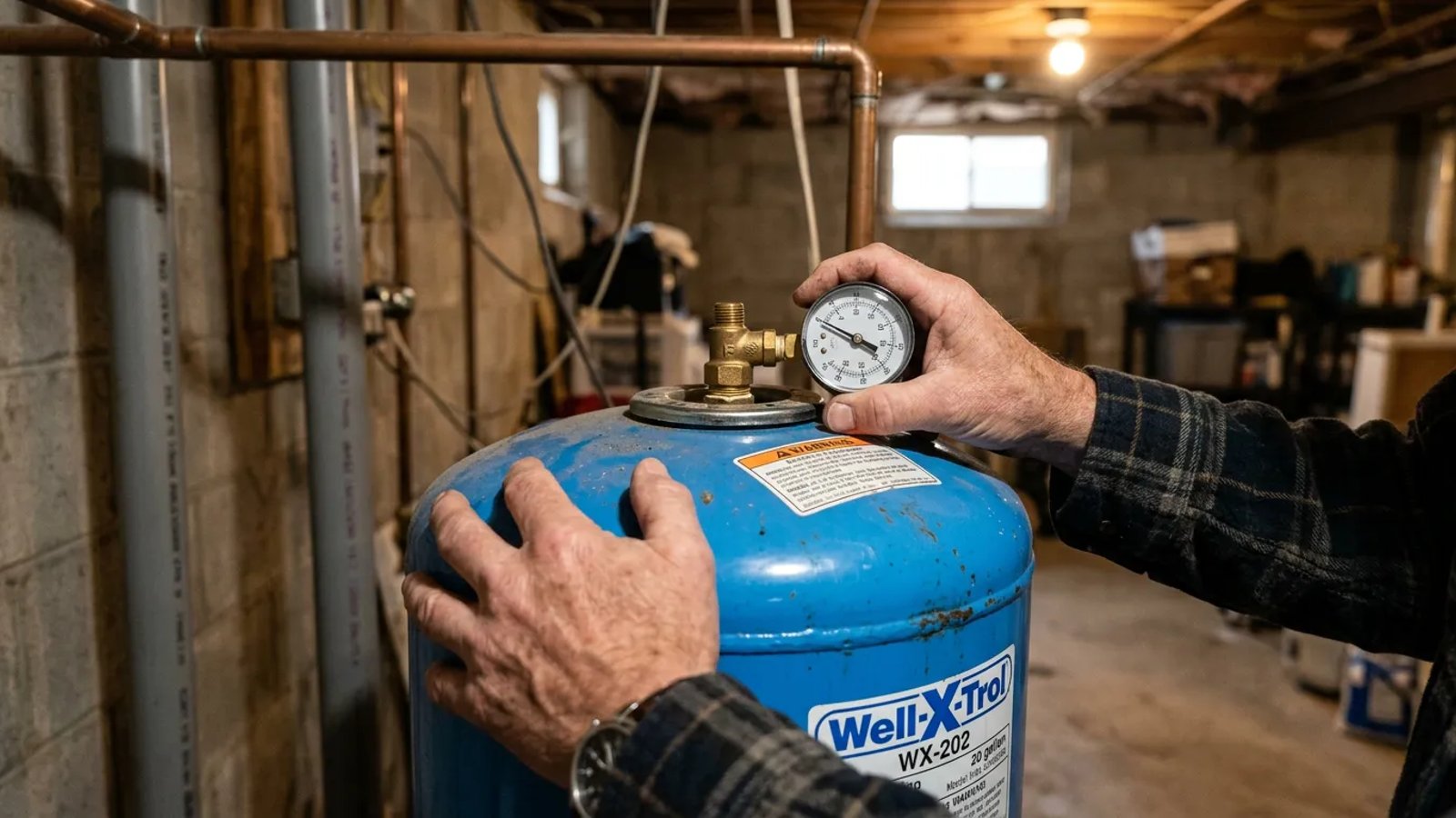 Homeowner checking air pressure on a blue well water tank with a tire gauge