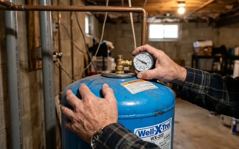 Homeowner checking air pressure on a blue well water tank with a tire gauge