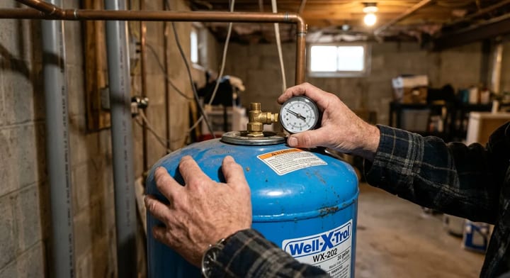 Homeowner checking air pressure on a blue well water tank with a tire gauge