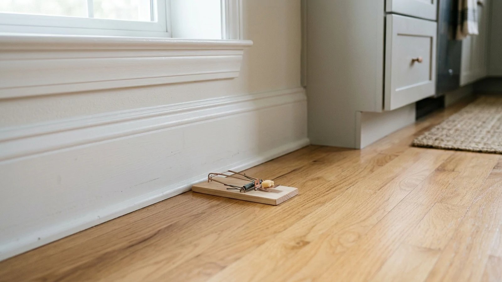 A mouse trap placed correctly along a kitchen baseboard.
