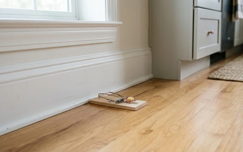 A mouse trap placed correctly along a kitchen baseboard.