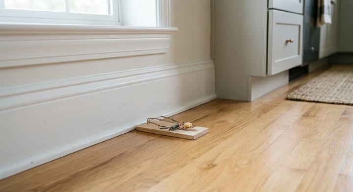 A mouse trap placed correctly along a kitchen baseboard.