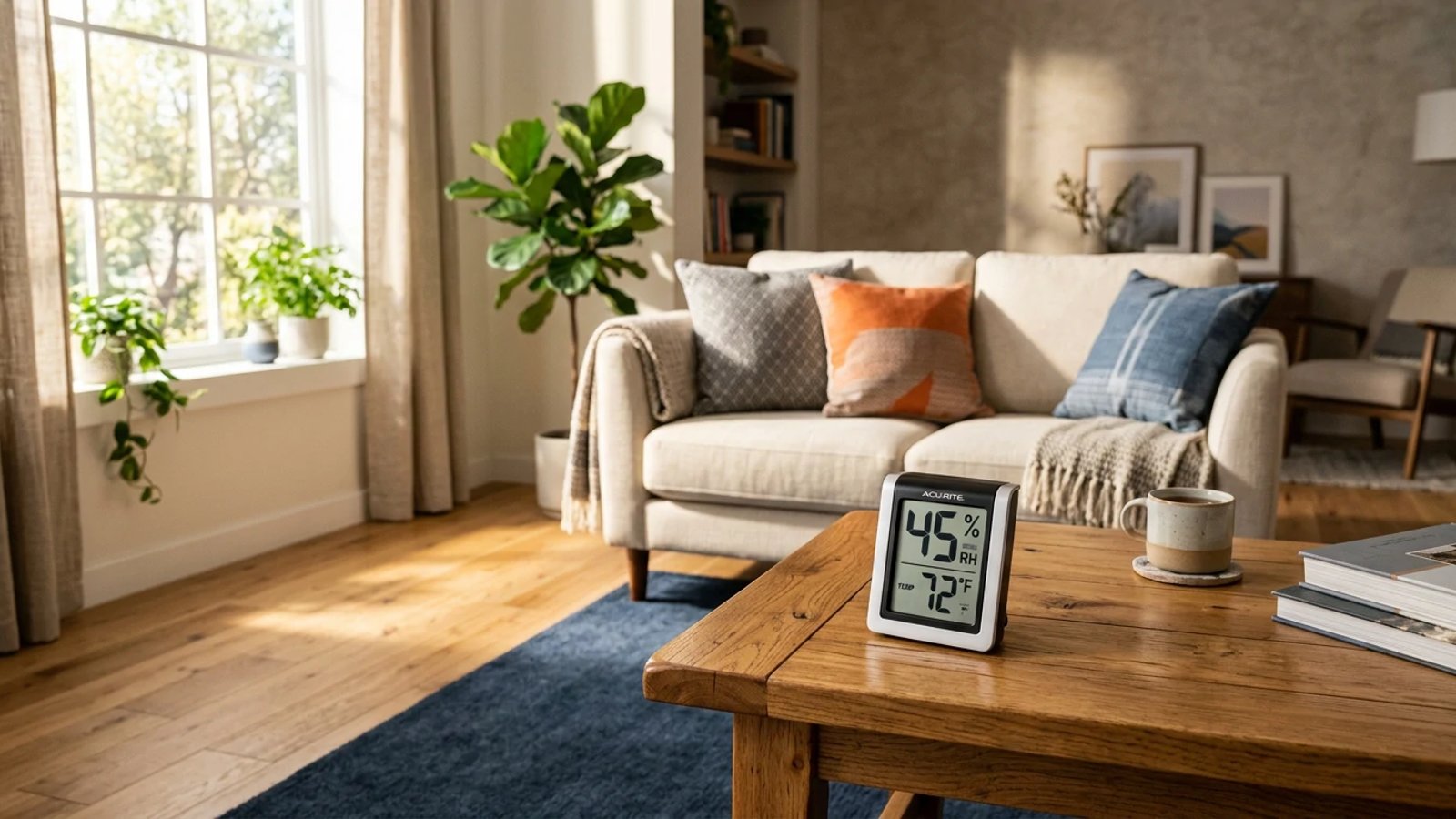 Digital hygrometer sitting on a wooden coffee table showing an ideal 45 percent indoor humidity reading