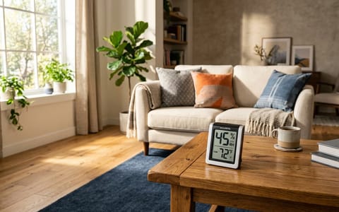Digital hygrometer sitting on a wooden coffee table showing an ideal 45 percent indoor humidity reading