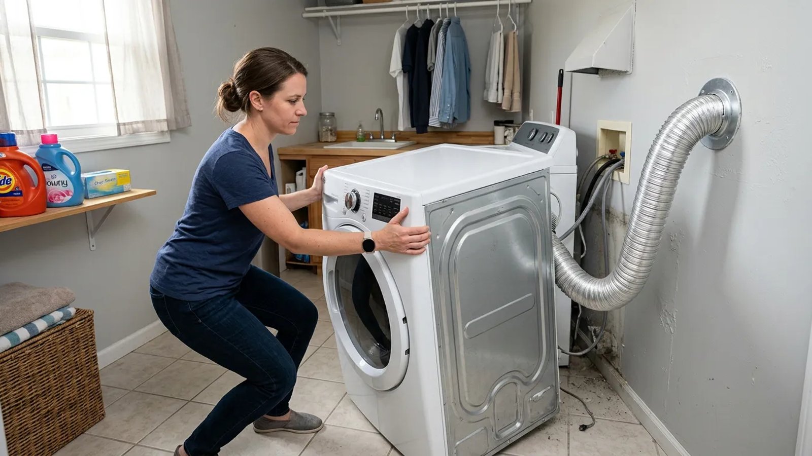 Homeowner pulling a dryer away from the wall to inspect the exhaust hose.