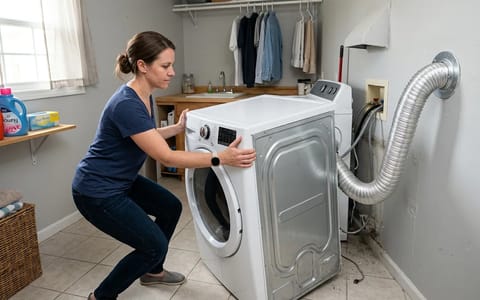 Homeowner pulling a dryer away from the wall to inspect the exhaust hose.
