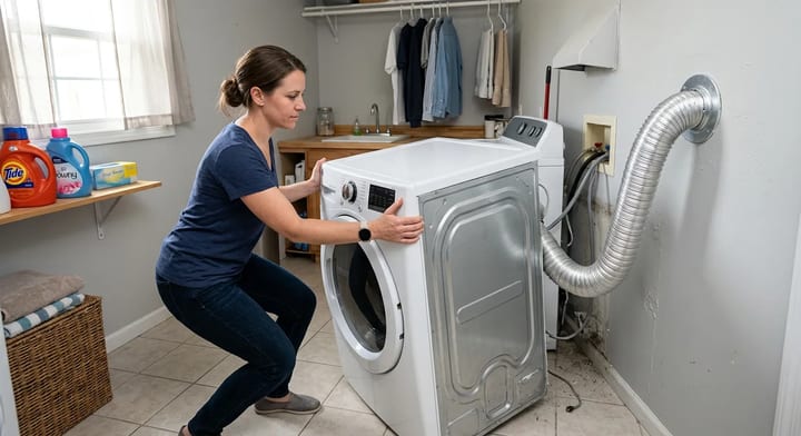 Homeowner pulling a dryer away from the wall to inspect the exhaust hose.