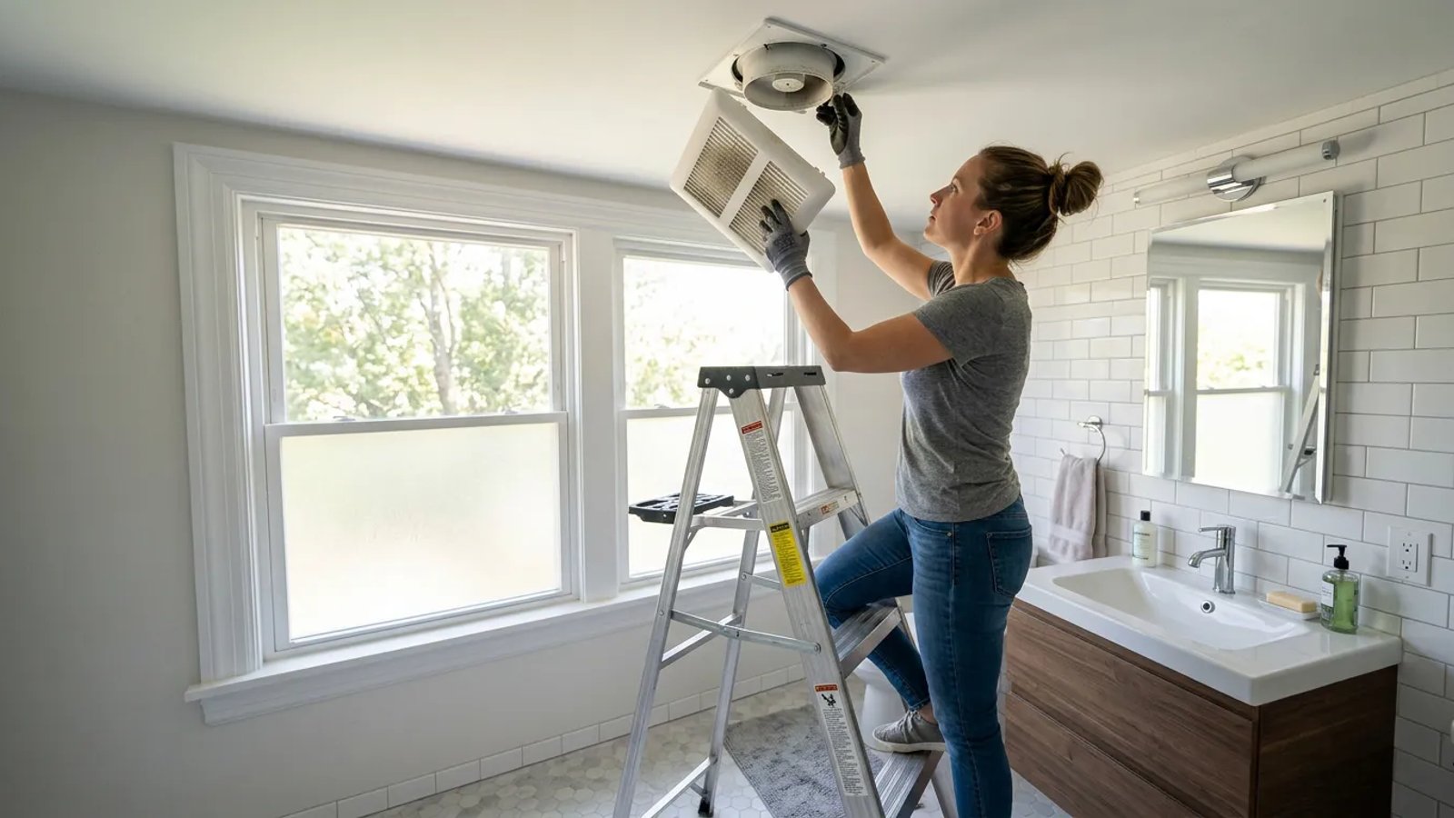 Homeowner standing on a stepladder removing a bathroom exhaust fan cover from the ceiling.