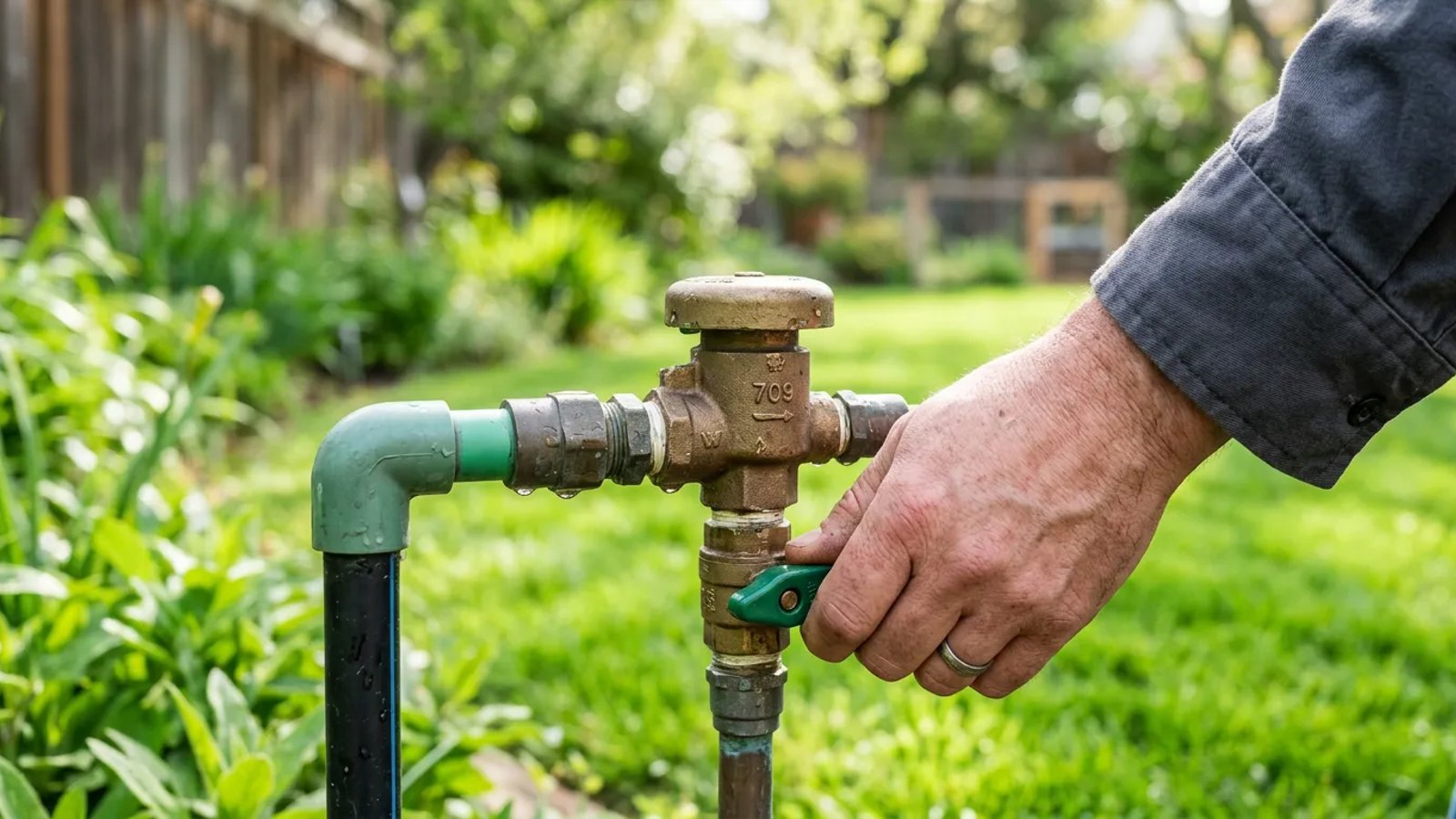 Homeowner slowly turning the main water valve for a sprinkler system to prevent damage