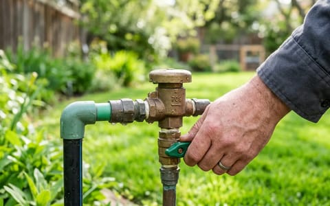 Homeowner slowly turning the main water valve for a sprinkler system to prevent damage