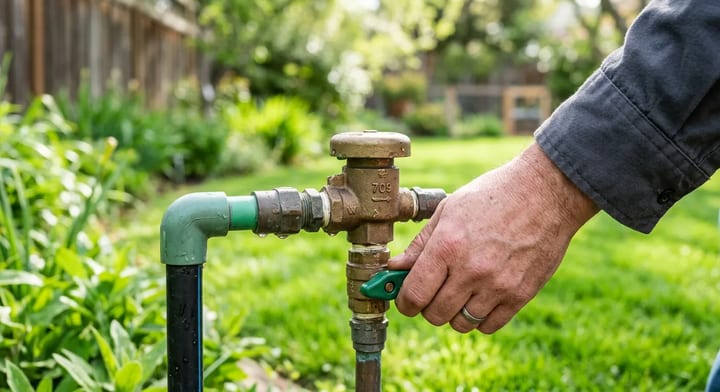 Homeowner slowly turning the main water valve for a sprinkler system to prevent damage