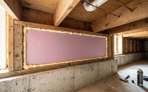 Rigid foam board insulation installed and sealed in a basement rim joist bay